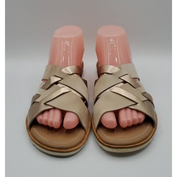 Sorel Ella Women Slide Natural Tan Gold Leather Sz 9 Strappy Criss Cross Straps - Picture 2 of 12